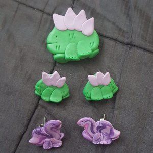 Vintage 90's Polymer Clay Dinosaur Brooch and 2 Sets of Earrings